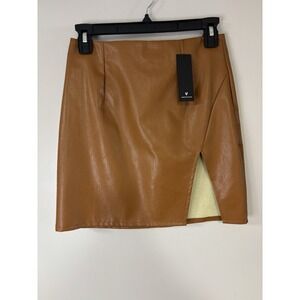 Lulus Faux Leather Mini Skirt High‎ Waist Slit Front Tan Brown XS